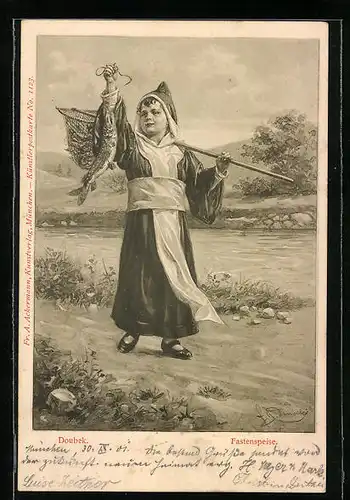 Künstler-AK Franz Doubek: Fastenpartie, Müchner Kindl hat einen Hecht gefangen