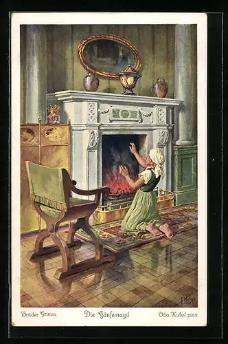 Künstler-AK Otto Kubel: Gänsemagd klagt dem Ofen ihr Leid, Die Gänsemagd