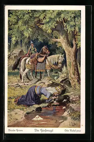 Künstler-AK Otto Kubel: Trinkende Königstochter mit Kammerjungfer und Pferden im Wald, Die Gänsemagd