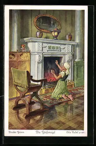 Künstler-AK Otto Kubel: Gänsemagd klagt dem Ofen ihr Leid, Die Gänsemagd, Brüder Grimm