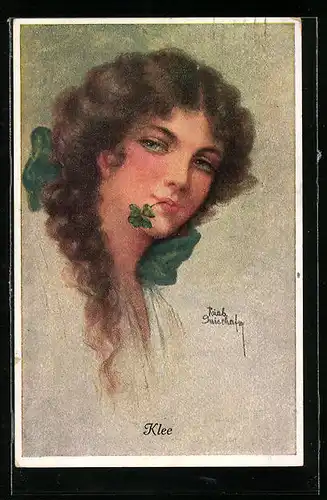 Künstler-AK Ruab Gnischaf: Hübsches Mädchen mit Klee im Mund