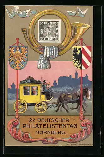 Künstler-AK Nürnberg, 27. Deutscher Philatelisten-Tag 22.-25.07.1921, Postkutsche, Briefmarke, Ganzsache