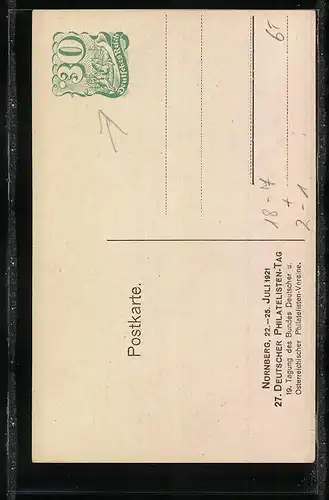 Künstler-AK Nürnberg, 27. Deutscher Philatelisten-Tag 22.-25.07.1921, Ganzsache