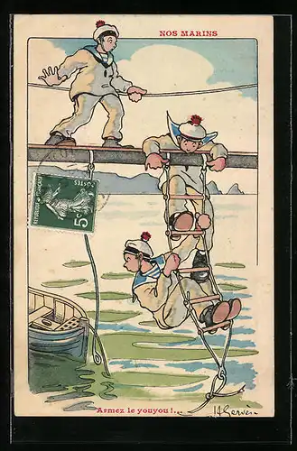 Künstler-AK Henri Gervèse: Nos Marins, Französische Matrosen stellen sich ungeschickt an