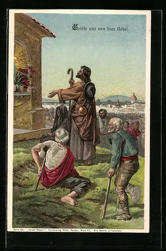 Künstler-AK E. Döcker: Erlöse uns von dem Uebel, Betende am Bildstock