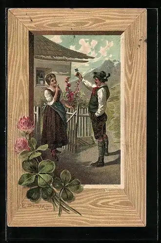 Künstler-AK E. Döcker: Verehrer überreicht Angebeteter ein Blümchen, Blühender Klee