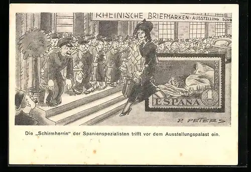 Künstler-AK Düsseldorf, Rheinische Briefmarken-Ausstellung 1936, Die Schirmherrin trifft ein, Ganzsache