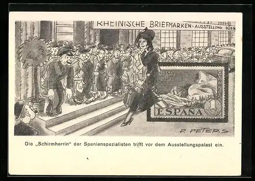 Künstler-AK Düsseldorf, Rheinische Briefmarken-Ausstellung 1936, Die Schirmherrin trifft ein, Ganzsache