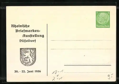 Künstler-AK Düsseldorf, Rheinische Briefmarken-Ausstellung 1936, Die Schirmherrin trifft ein, Ganzsache
