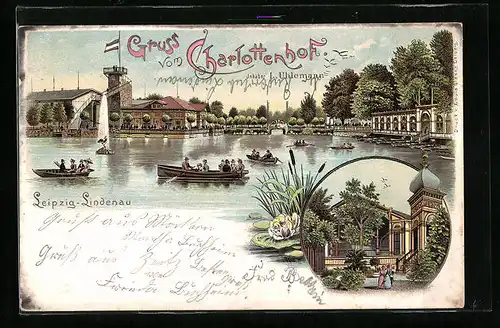 Lithographie Leipzig-Lindenau, Gruss vom Charlottenhof