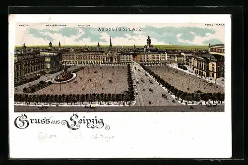 Lithographie Leipzig, Augustusplatz mit Neuem Theater und Menderbrunnen