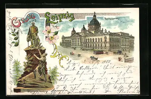 Lithographie Leipzig, Reichsgericht und Bismarck-Denkmal