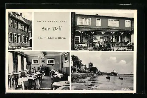 AK Eltville a. Rhein, Hotel-Restaurant Zur Post, Terrasse, Innenansicht, Bes. König