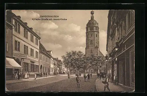 AK Sangerhausen, Kylische Strasse mit Jacobi-Kirche