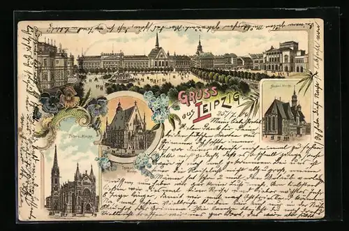 Lithographie Leipzig, Nicolai-Kirche, Peters-Kirche und Thomas-Kirche