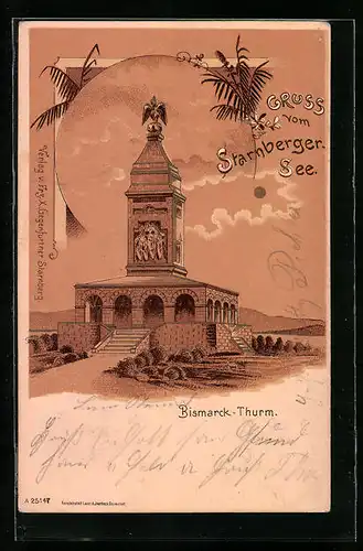 Lithographie Assenhausen, Gruss mit dem Bismarck-Turm am Starnberger See