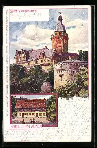 Künstler-AK Falkenstein, Burg Falkenstein, Hotel Zum Falken