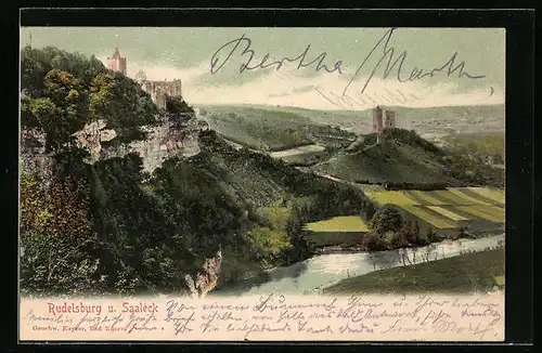 AK Rudelsburg, Blick übers Wasser auf den Ort und Saaleck
