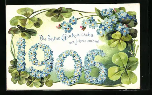 Präge-AK Glückwünsche zu Neujahr 1906, Kleeblatt-Motiv