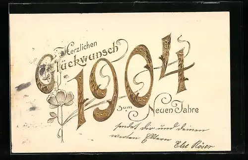 Präge-AK Glückwünsche zum neuen Jahre 1904 in goldener Schrift