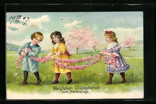 AK Kinder mit Blumenkette zum Namenstag