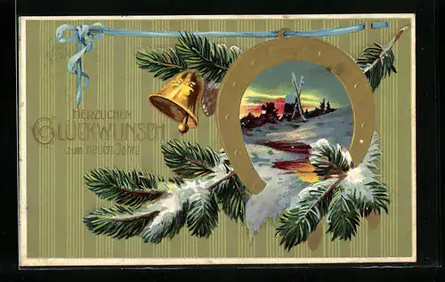 Präge-AK Glückwünsche zum neuen Jahre, Hufeisen und Glocke