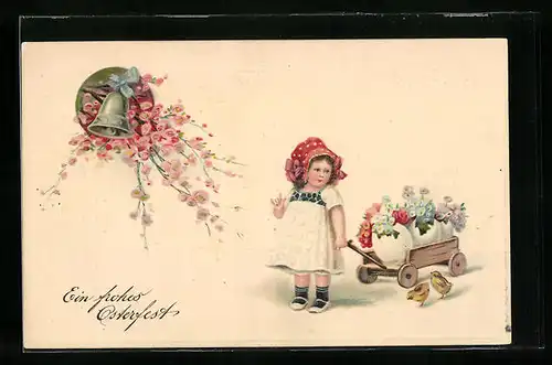 Präge-AK Mädchen mit Bollerwagen voller Blumen