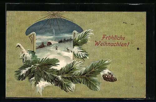 Präge-AK Fröhliche Weihnachten, Verschneite Dorfpartie