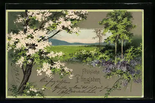 AK Fröhliche Pfingsten, Blühende Bäume im Dorf