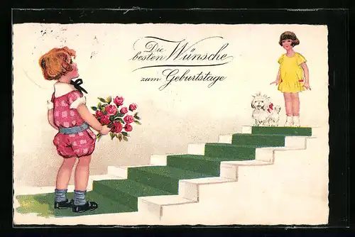 AK Glückwünsche zum Geburtstag, Junge überrascht Mädchen mit einem Strauss Blumen