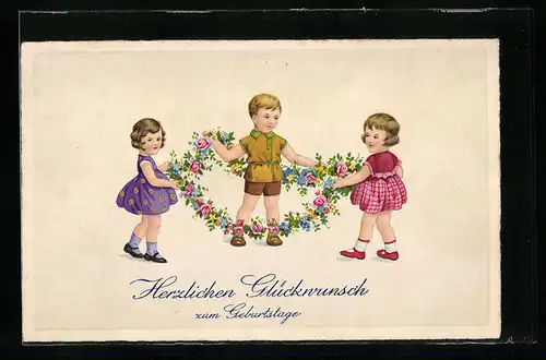 AK Glückwünsche zum Geburtstag, Kinder mit Blütenkranz