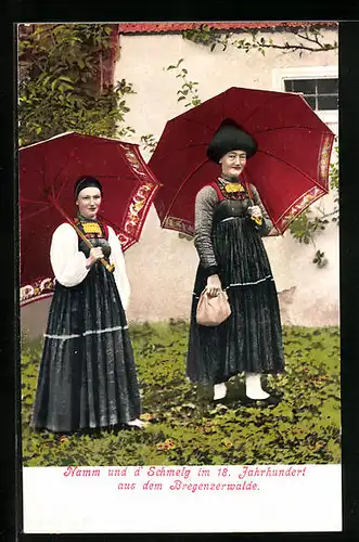 AK Damen aus dem Bregenzerwald in Tracht und mit Schirm