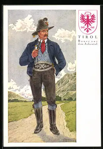 Künstler-AK Tiroler Bauer in Tracht aus dem Achental