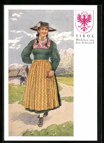 Künstler-AK Tiroler Mädchen aus dem Achental in Tracht