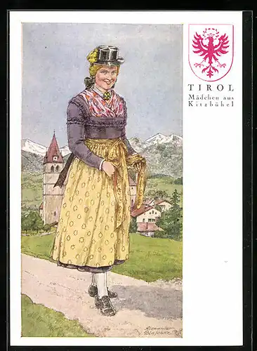 Künstler-AK Tiroler Mädchen in Kitzbüheler Tracht