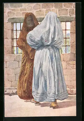 Künstler-AK Zwei verhüllte Frauen stehen vor einer Mauer