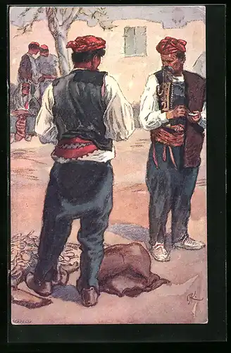 Künstler-AK Spalato, Zwei Männer in Tracht auf dem Markt
