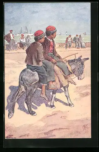 Künstler-AK Zwei Jungen reiten auf einem Esel den Strand entlang