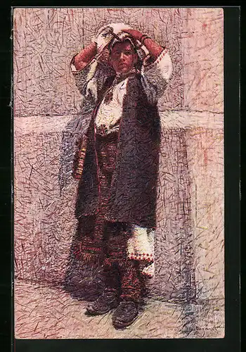 Künstler-AK Bosnier in Tracht lehnt lässig an einer Mauer
