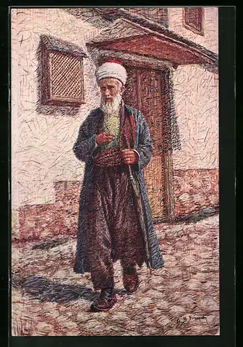 Künstler-AK Alter Bosnier mit Turban läuft die Strasse entlang