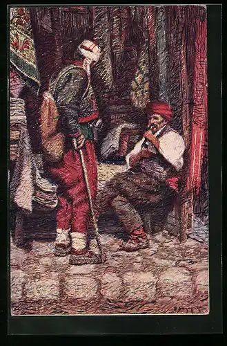 Künstler-AK Bosnischer Händler mit einem Kunden auf dem Markt