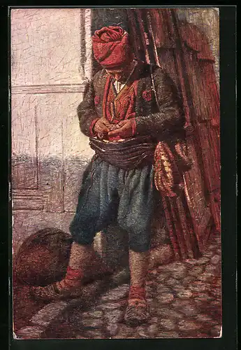 Künstler-AK Bosnier in Tracht begutachtet etwas in seiner Hand