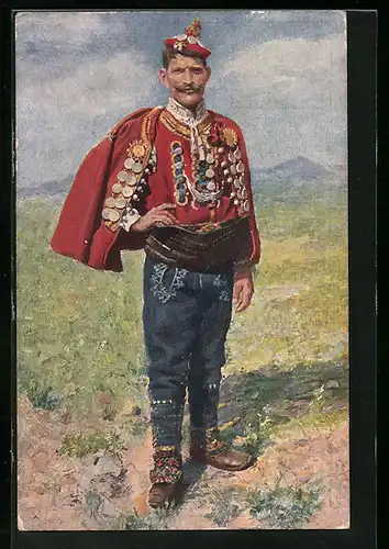 Künstler-AK Mann posiert in Tracht mit auffälligem Trachtenhut