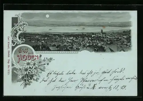 Mondschein-Lithographie Heiden, Panorama mit Ort und See