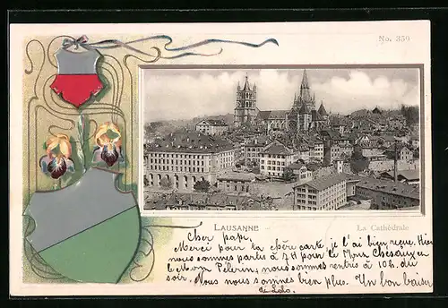 Passepartout-Lithographie Lausanne, Teilansicht, Wappen, Blumen