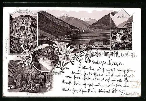 Lithographie Andermatt, St. Gotthard-Befestigung, In der Schöllenen, Urnerjoch mit Postkutsche, Teufelsbrücke