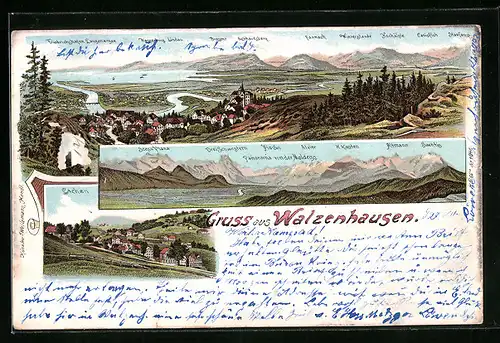 Lithographie Walzenhausen, Ortsansicht mit Alpen und Bodensee, Panorama von der Meldegg