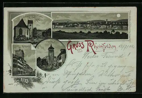 Mondschein-Lithographie Rheinfelden, Rathaus, Oberes Thor, Garten des Hotel Dietschy