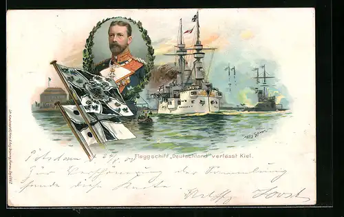 Künstler-AK Willy Stoewer: Flaggschiff Deutschland verlässt Kiel, Kriegsschiff