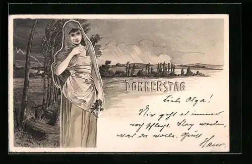 Künstler-AK H. Fründt: Donnerstag, Dame mit Tunika im Jugendstil